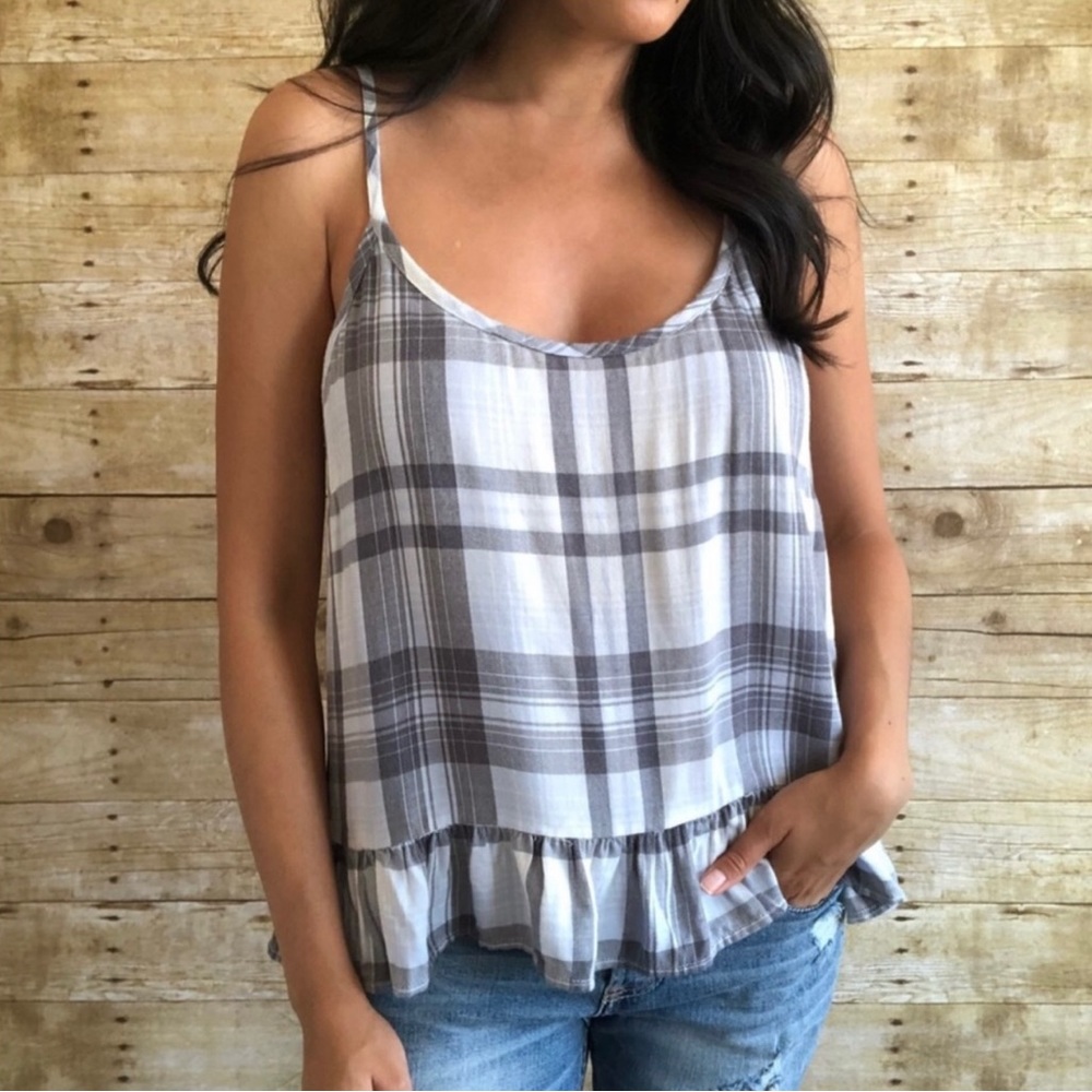 NWOT Anthropologie Cloth & Stone Blue Plaid Peplum Swing Tank - Size M